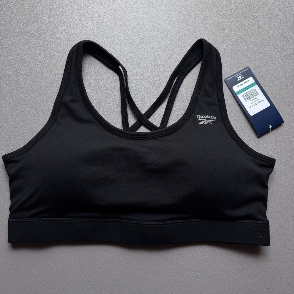 Reebok Sports Bra Medium Support Womens XL Black Strappy Cross Back NWT